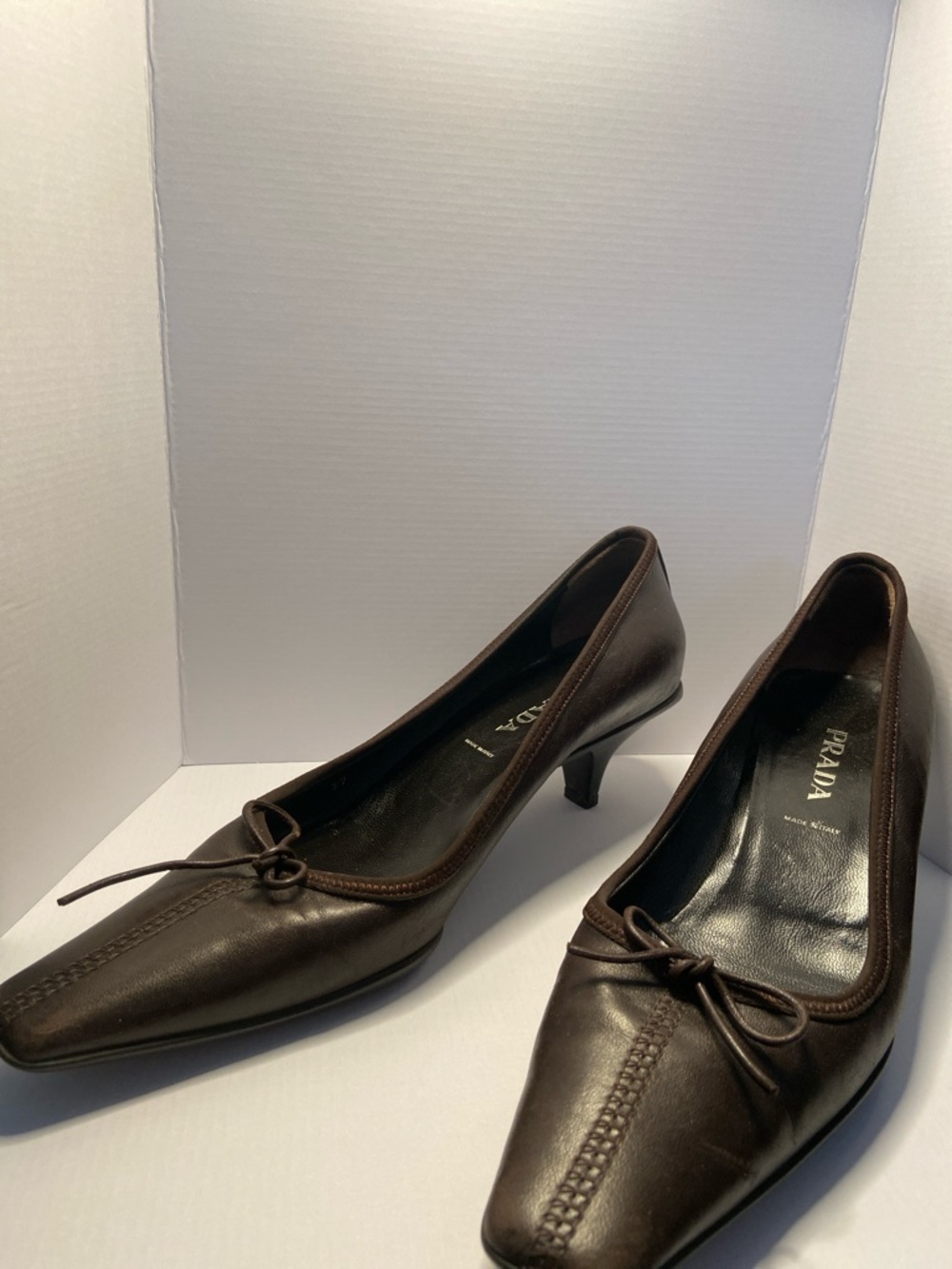 Prada Dark Brown Leather Pointed Toe Kitten Heels with Bow